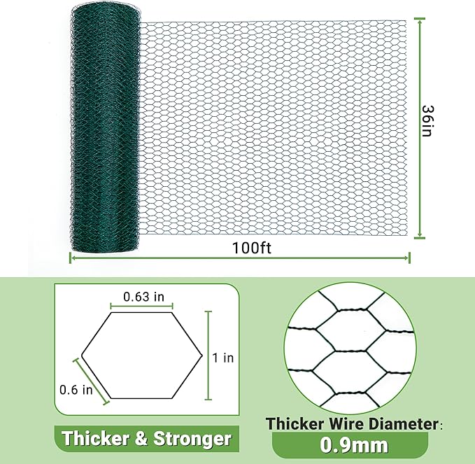 HITTITE Chicken Wire Fencing Mesh, 36in x 100ft Anti-Rust Green Floral Chicken Wire Roll,PVC Coated Wire Mesh Poultry Netting for Crafts and Poultry Garden.