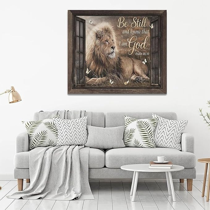 Lion Wall Art Rustic Farmhoues Christian Lion Wall Decor Lion Of Judah Pictures Canvas Prints Artwork Inspirational Psalm Scripture Gifts Home Decorations For Bathroom Kitchen Office Framed 24"x20"