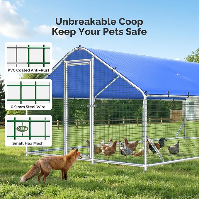 Sino Luban Metal Large Chicken Coop Run with Small Mesh Hardware Cloth for 30 Chickens/Ducks, Chicken Runs for Yard with Waterproof Cover, Chicken Enclosure Pen Outdoor, Walk-in Poultry Cage