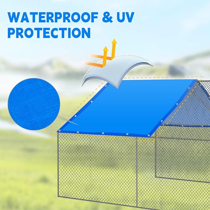 VitalCozy 2 Pcs Chicken Coop Cover Waterproof 11.5 x 6.6 ft Chicken Run Cover Coop Tarp Accessories for Winter with 50 Pcs Ball Bungees Cords for Outdoor (Blue)