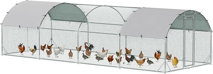 PawHut Large Chicken Coop Metal Chicken Run with Waterproof and Anti-UV Cover, Dome Shaped Walk in Fence Cage Hen House for Outdoor and Yard Farm Use, 1" Tube Diameter, 9.2' x 24.9' x 6.5'