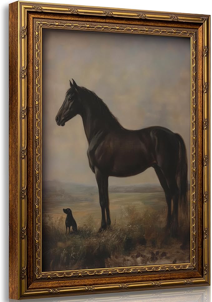 Vintage Gold Framed Horse Wall Art Horse and Dog Canvas Wall Decor Retro Rustic Farmhouse Animal Picture Rustic Horses Poster Artwork for Home Living Bedroom Farmhouse Hallway 9x11in