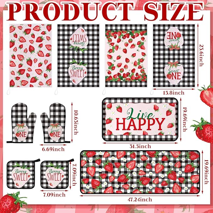 10 Pcs Strawberry Farmhouse Kitchen Decor Set Dish Towels Kitchen Rugs Oven Mitts and Pot Holders Set for Cooking Baking Grilling Women Mom Daughter Gift (Mixed Color)