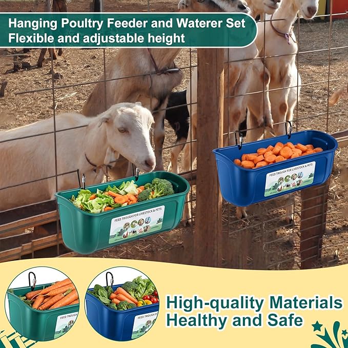9 Pack Chicken Duck Feeder Waterer Hanging Goat Feeder Trough 2.5 Quart Livestock Feeding Trough with Scoop & Brush for Pig, Poultry, Fence Feeding, 22.5 Quart Total (Green,Blue)