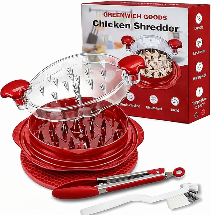 Chicken Shredder Tool Twist Large – Visible Meat Shredder for Chicken Breast with Cleaning Brush & Tong, BPA-Free Non-Slip Base, Ergonomic Handle, Heat Resistant & Dishwasher Safe (Red)
