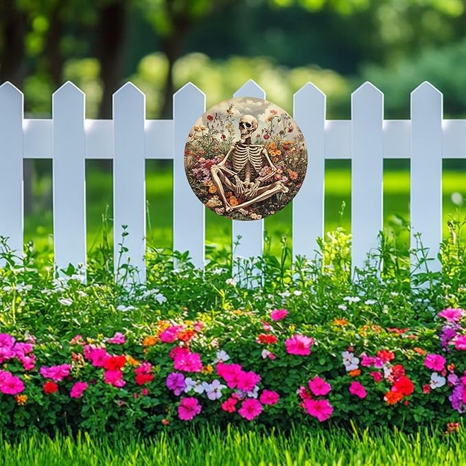 Funny Skull Rustic Round Garden Metal Signs Vintage Tin Sign Retro Wall Wreath Decor for Home Garden Yard Bar Cafe Farmhouse Garage Indoor Outdoor 8 Inch