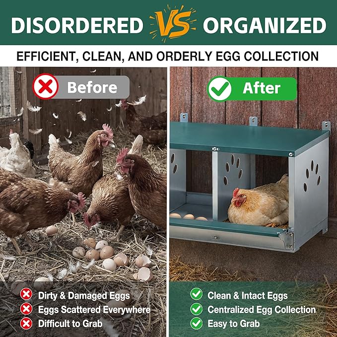 3/4 Compartment Chicken Nesting Boxes, Metal Wall Mount Chicken Egg Laying Box with Roll Out Egg Collection, Galvanized Steel Chicken Nesting Box for Laying Hens, Easy to Clean & Assemble (3-Hole)