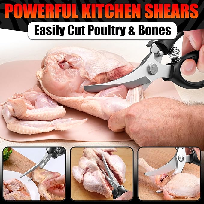 Poultry Shears Heavy Duty – Stainless Steel Chicken Shears | Meat, Vegetables, Seafood | Fish Scale Remover & Bone Scissors | Bone Cutting Scissors with Non-Slip Serrated Saw-Like Edge, Safety Lock