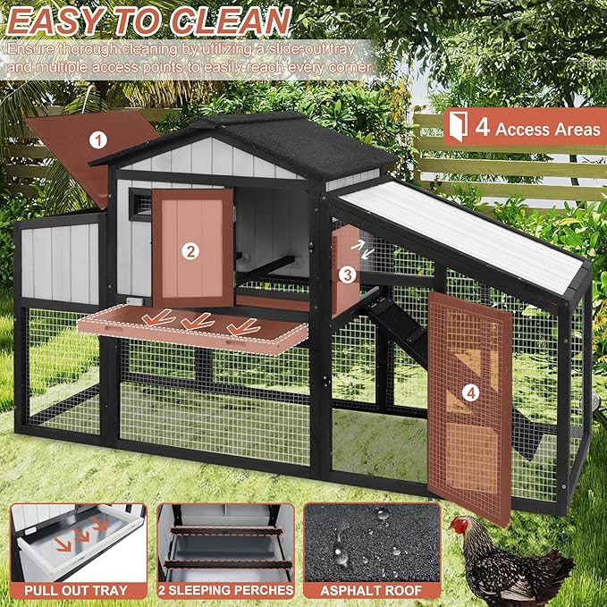65.3" L Chicken Coop and Run, Wooden Hen House for 1-2 Chickens with Nesting Box, Tray, Perches Indoor/Outdoor Pet Hutch Backyard Use, Combinable, Black