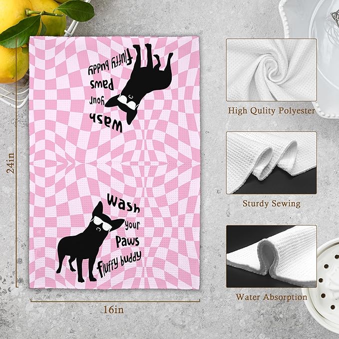 Pink Cute Dog Chihuahua Bathroom Kitchen Towels, Funny Wash Your Paws Hand Towel for Girly Room, Chihuahua Gifts for Dog Lovers, Trendy Preppy Checkered Dish Towels Decor for Dorm 16x24in