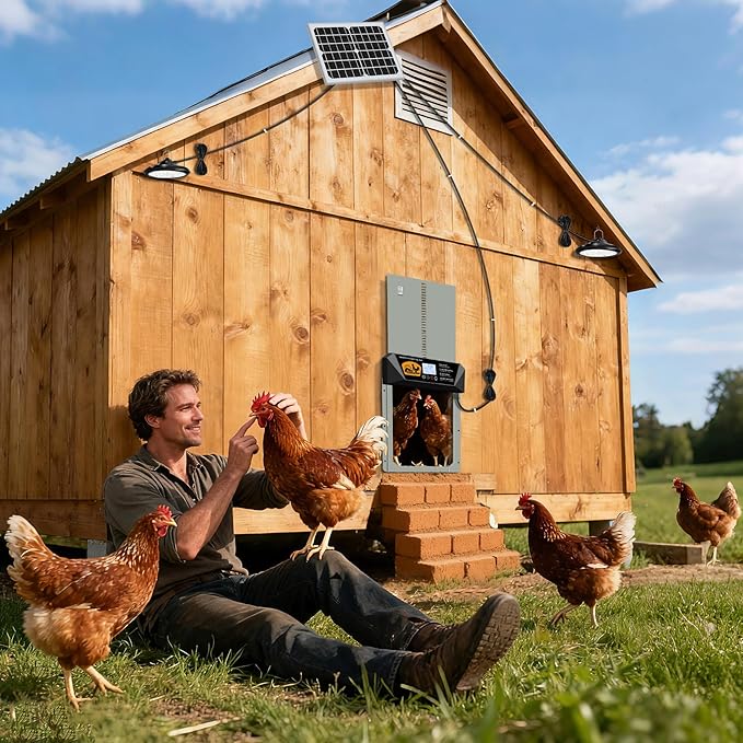 Extra Large Automatic Chicken Coop Door Solar Powered with 2 Timer Lights, 16'' x 12'' Aluminum Auto Chicken Coop Door with Timer, Remote, Anti-Pinch, Weatherproof for Chickens, Ducks