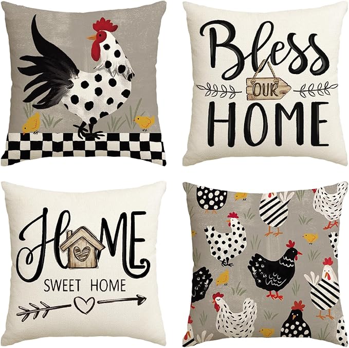 AVOIN colorlife Farmhouse Chicken Home Sweet Home Throw Pillow Covers, 18 x 18 Inch Bless Our Home Seasonal Cushion Case Decoration for Sofa Couch Set of 4