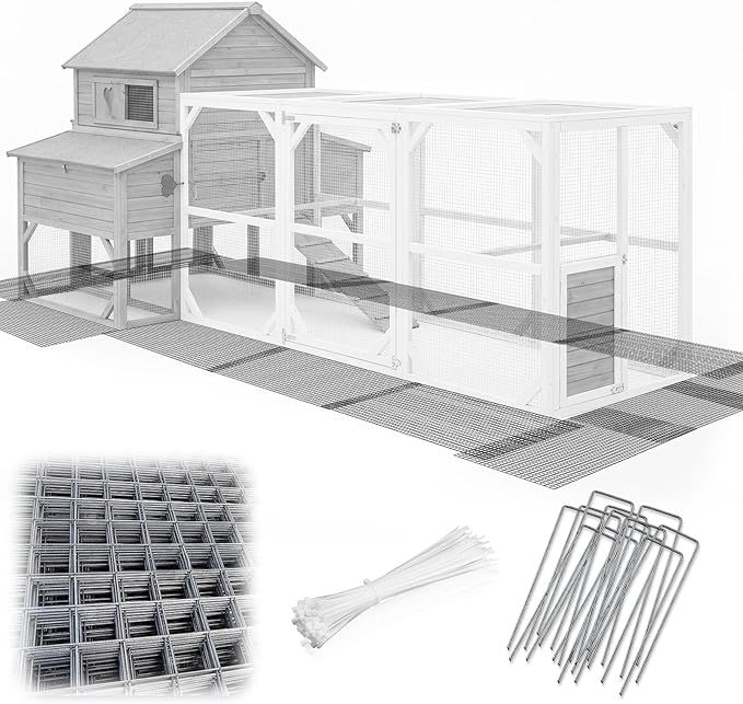 Shimeyao Chicken Coop Bottom Mesh Barrier Kit, 10 Pcs Galvanized Hardware Cloth Panels with Stakes & Zip Ties, Predator Resistant Anti Digging Wire Mesh Fence for Poultry Run Hen House Protection