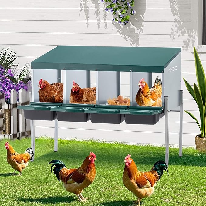Chicken Nesting Box, 4 Compartment Roll Out Hens Nest Boxes with 4 Legs, Chicken Laying Box w/Lid Cover for Outdoor Chicken Coop Cages Farm Yard, Green (4 Holes w/Legs)