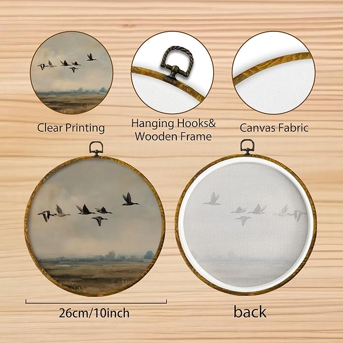 Hiuwevt Flying Duck Round Wall Art Decor, Vintage Farmhouse Waterfowl Framed Canvas Prints, Rustic Mallard Duck Round Wall Hanging Decor for Country Farm Home Room Decorations, 10x10 Inches