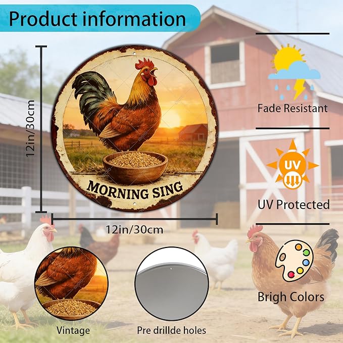 Chicken Signs Rooster Kitchen Round Wall Decor Morning Sing Metal Tin Sign Funny Chicken Coop Accessories Rooster Decor Home Garden Farm Yard Office 12 Inch