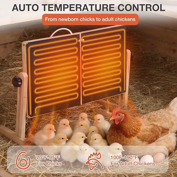 Chicken Coop Heater with Temperature Control, 200W Chick Heater with Adjustable Temp (70-190℉) for Winter, 2 Heating Plates, Foldable Large Size Coop Heater (Natural Wood)
