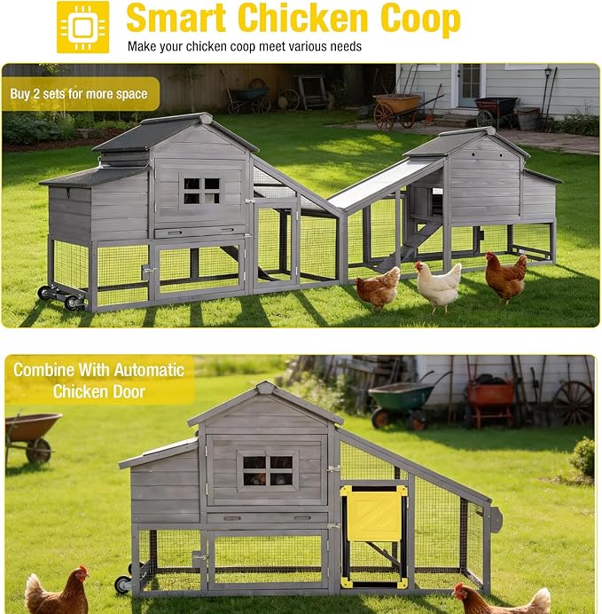 Aivituvin Mobile Chicken Coop with Wheels for 2-4 Chickens, Backyard Expandable Chicken House Duck Cage with Run, 2 Nesting Boxes, Easy Clean Pull-Out Tray, Leak-Resistant Asphalt Roof, 72.3"(Grey)