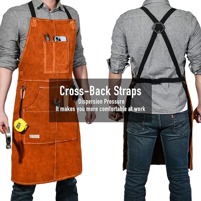 Leather Welding Work Apron - Heat Resistant & Flame Resistant Bib Apron, Flame Retardant Heavy Duty BBQ Apron