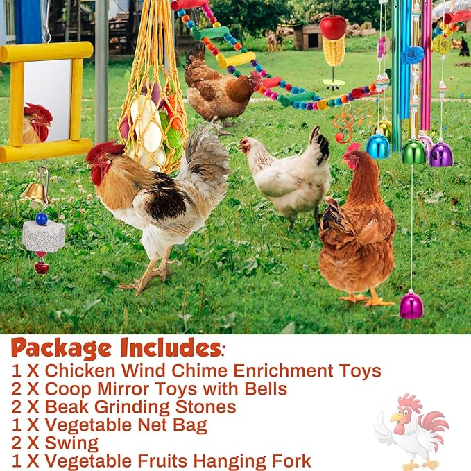 9 Pcs Chicken Toys for Coop, Wind Chime, Chicken Mirror Toys with Bells, Beak Grinding Stones Swing Vegetable Net Bag, Vegetable Fruits Hanging Fork for Hens Bird Parrot