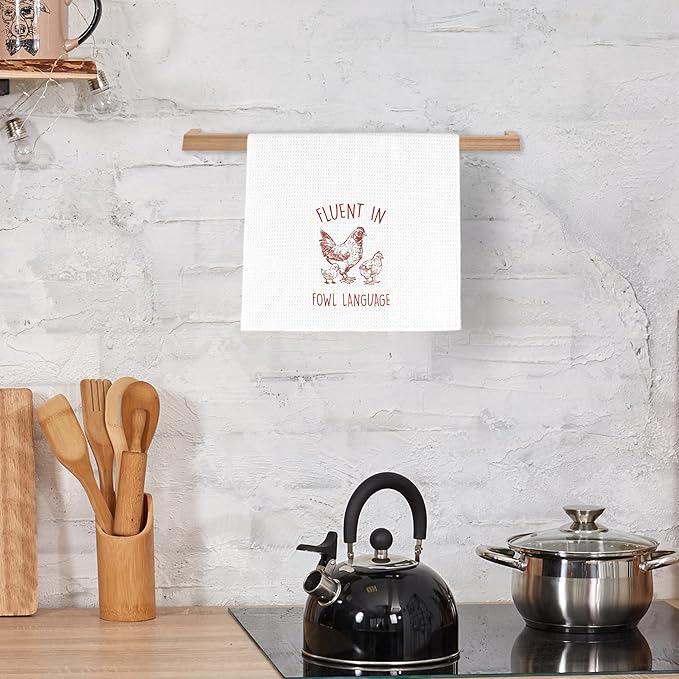 Funny Chicken Kitchen Dish Towels 16x24 Inch, Red Crazy Chicken Gifts for Chicken Lover Chicken Mom, Fluent in Fowl Language Decorative Hand Towels Tea Towels for Farmhouse Home