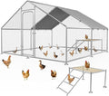 Large Metal Chicken Coop with Roosting Ladder, Waterproof and UV-Resistant Cover,Outdoor Chicken Run for Yard Farm Rabbit Duck, Spire Roof