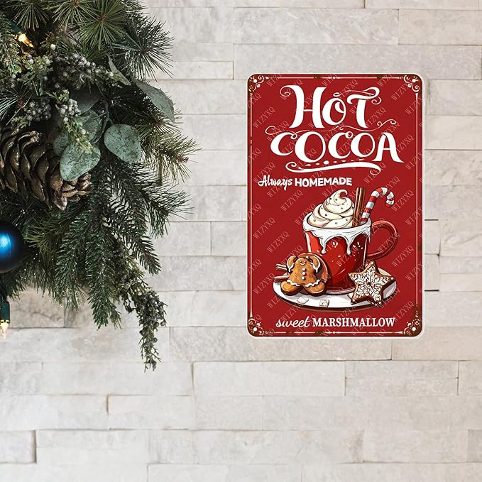 Tin Sign Hot Cocoa Always Homemade Sweet Marshmallow Metal Signs Vintage Christmas Aluminum Sign For Living Room Bar Bedroom Yard Garden Bathroom Decor 12×8 Inch
