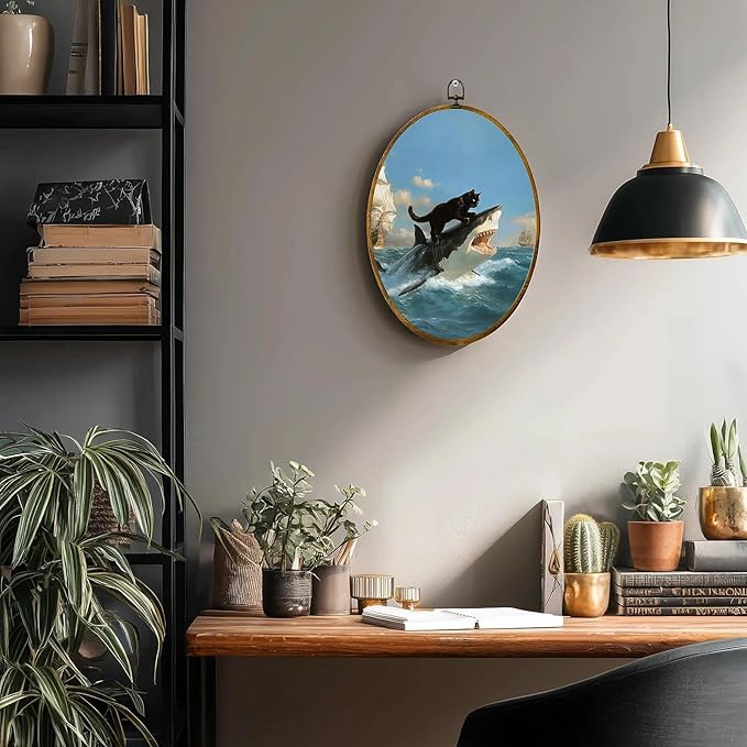 zewepri Cat Biting Shark Painting – 8.6×11.4 inches, high-density canvas, funny wall art, with pre-installed hook for easy hanging, ideal for bedroom, living room, study, and a gift for art lovers.