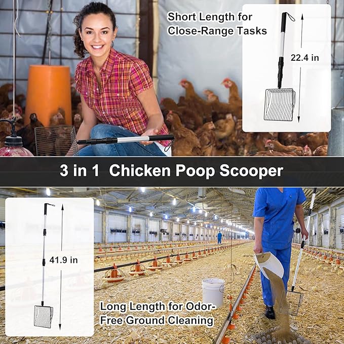 2 Pack Chicken Poop Scooper, 3 in 1 Stretchable Chicken Coop Accessories (22.4 to 41.9 Inch), Metal Sifting Shovel for Chicken Coop Cleaning Tools Separating Poo and Debris from Sand