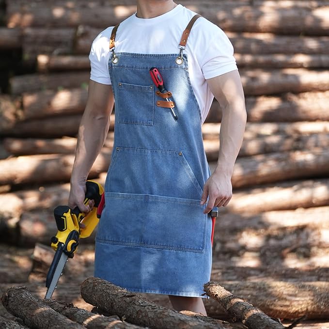 Denim Bbq Apron for Men Women with Pockets Adjustable Cross Back Chef Aprons for Kitchen Cooking Grilling Working
