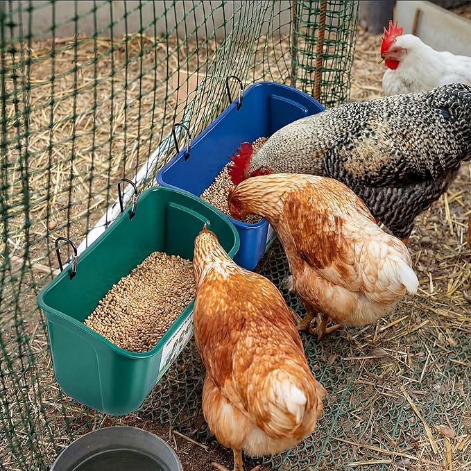 9 Pack Chicken Duck Feeder Waterer Hanging Goat Feeder Trough 2.5 Quart Livestock Feeding Trough with Scoop & Brush for Pig, Poultry, Fence Feeding, 22.5 Quart Total (Green,Blue)