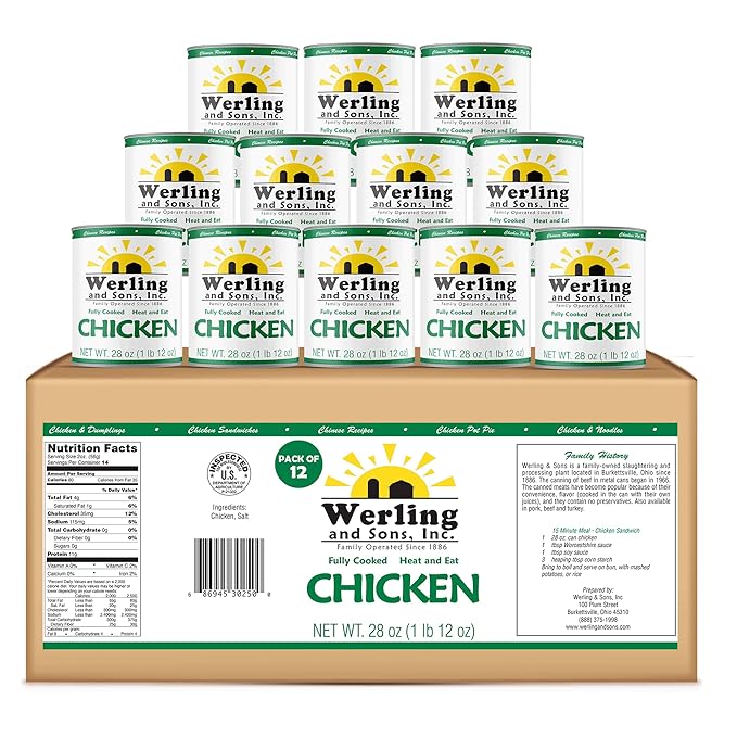 Werling & Sons Canned Chicken 28 Oz– Fully Cooked, Ready to Eat | Premium Quality, Recipe-Ready Canned Meat | 5-Year Shelf Life | Pantry Staple for Camping, Survival & Emergency Use | Made in USA | Pack of 12