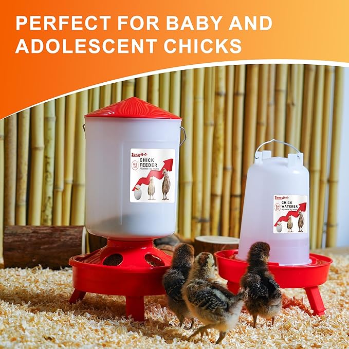 2-in-1 Chick Starter Set: 0.8 Gal Feeder & 0.4 Gal Waterer with Adjustable Legs for Baby Chicks, Includes Scoop, Hanging Hooks, Anti-Drown Design - BPA-Free Plastic (Red)