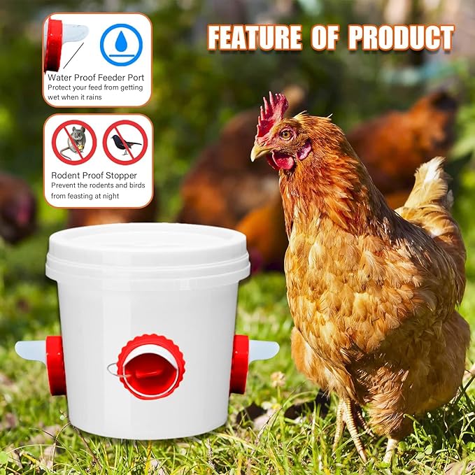 Chicken Feeder Port Kit –4 Pack Automatic Poultry Feeder Cups for Buckets & Bins, No Waste Rainproof DIY Chicken Feeders for Hens, Ducks & Other Poultry