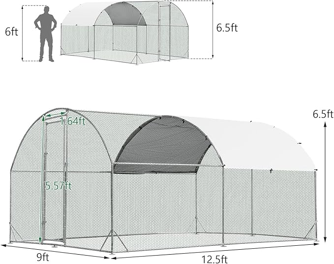 Giantex 12.5ft Metal Chicken Coop, Galvanized Walk-in Chicken Run with Waterproof PE Cover, Dome Shaped Poultry Cage Hen Run House Rabbits Habitat Cage for Backyard Farm Outdoor (12.5 x 9.2 ft, Dome)