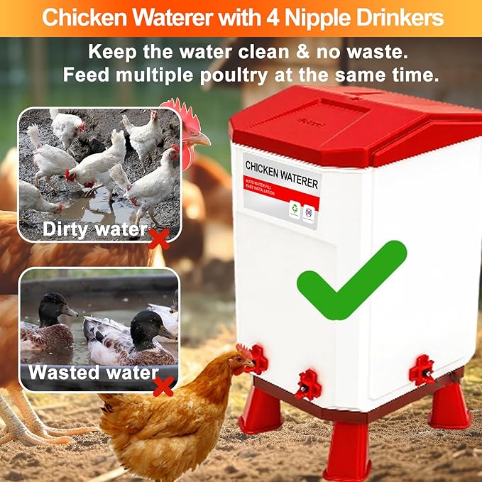 Chicken Waterer Nipples, Chicken Water Bucket with 4 Nipple Drinkers, Automatic Chicken Waterer, Standing or Hanging Use, Automatic Poultry Drinker for Coop (Red, 2 Gallon)