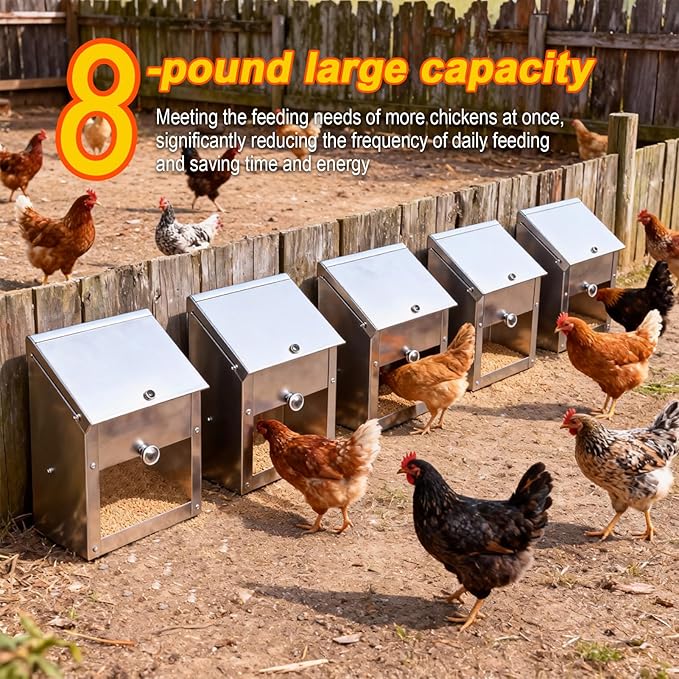 Stainless Steel Chicken Feeder 8Lbs - Manual Feed Quantity Control & Wall Mount Gravity Poultry Feeder with Push-Pull Lid for Chickens Ducks Geese Small Animals Indoor and Outdoor