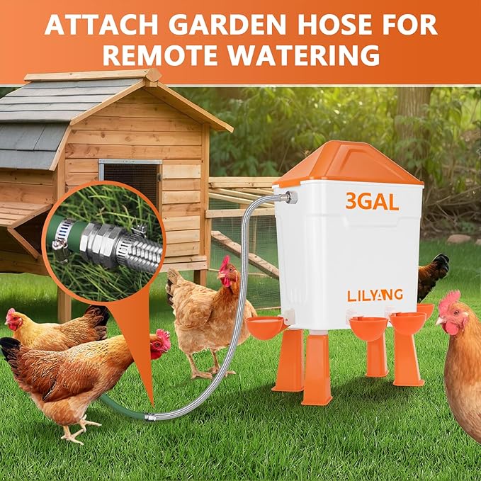 Lilyang Automatic Chicken Waterer 3 Gallon | Float-Control Auto Waterer, Hanging/Standing Design, Connect to 3/4'' Faucet & Hose, Effortless Hydration Solution for Backyard Coop & Small Farm