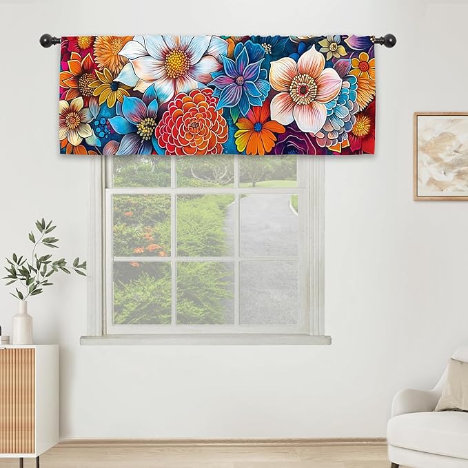 Bohemian Colorful Flower Kitchen Curtain Valance 54W x 18L Inch Blossom Botanical Plant Vintage Rod Pocket Short Cafe Small Window Treatment Drapes Decor
