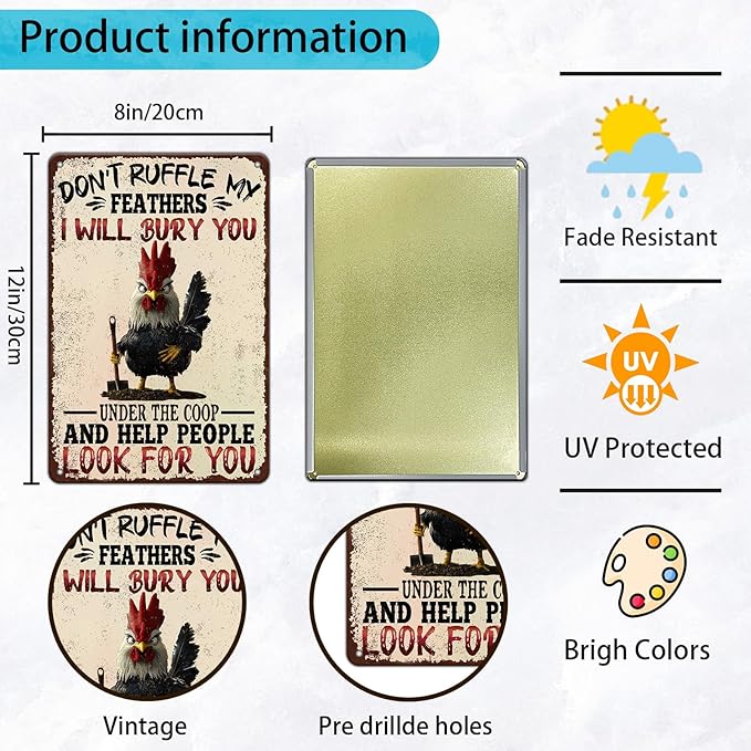 Funny Chicken Signs Don't Ruffle My Feathers Metal Signs Decor Home Kitchen Farm Art Wall 12x8 Inch Vintage Chicken Signs For Garden Coop Outside Backyard