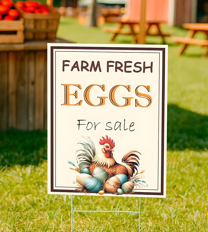 Set of 3 Double Sided 12x16 Inches Farm Fresh Eggs For Sale Sign with Metal H-Stakes - Fresh Chicken Eggs For Sale Sign - Plastic Farm Fresh Eggs Sold Here Yard Sign - Signs Chicken Coop Decoration