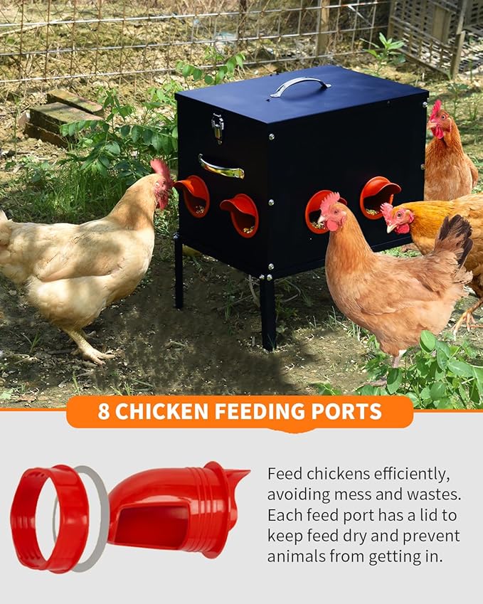 Automatic Chicken Feeder –50 lbs 8 Feeding Ports,Large Metal Chicken Feeders - No Waste Poultry Feeder with Locking Lid and Legs for Inside Coops