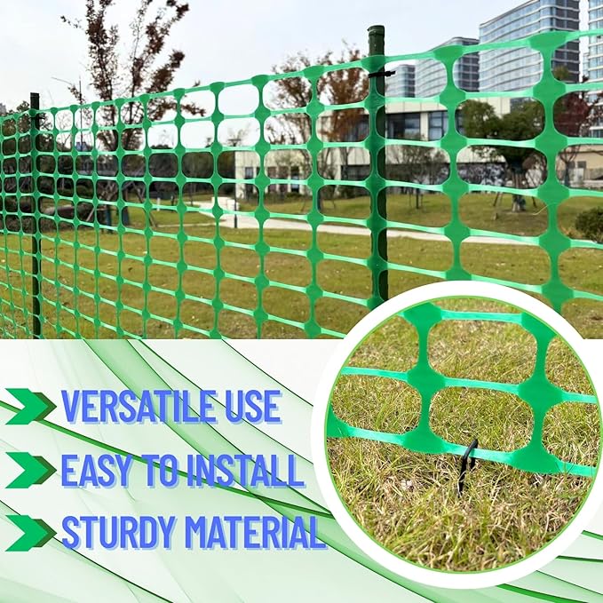 PotatoLife Plastic Mesh Fence, Extra Strength 4'x50' Roll with 50 Zip Ties, Resuable Temporary Netting for Garden Fencing, Snow Fencing, Animal Barrier, Poultry, Deer, Dog, Construction, Green