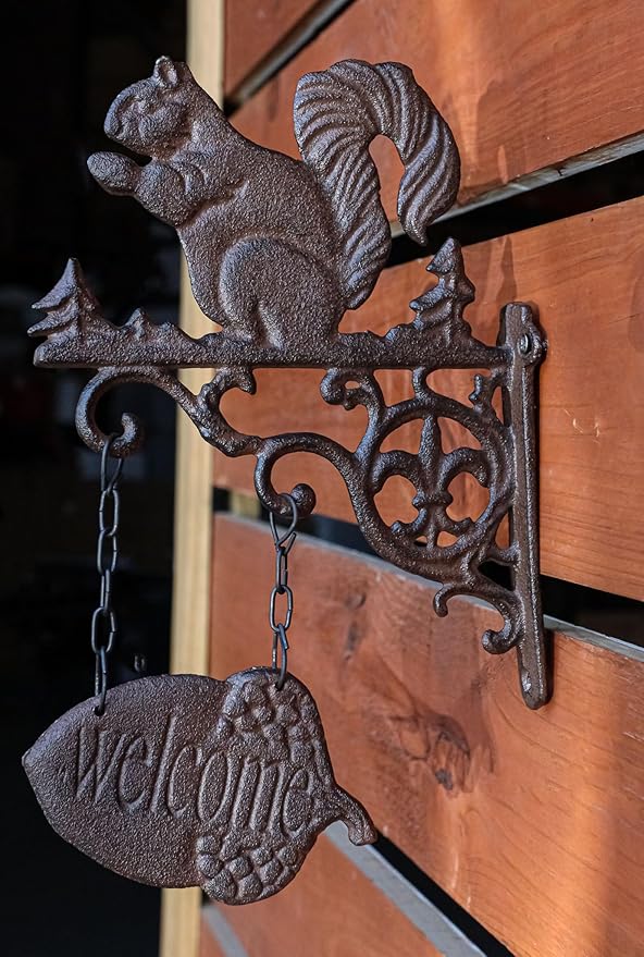 Ebros Gift Cast Iron Rustic Scroll Art Vintage Western Country Farmhouse Cottage Squirrel With Welcome Sign Acorn Fleur De Lis Wall Bracket Indoor Or Outdoor Farm Ranch Accent