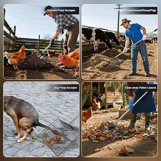 12-inch Large Chicken Poop Scooper with Ergonomic Grip, 5 in 1 Adjustable Chicken Coop Pooper Shovel, Sifting Litter Shovel Scoop for Dog Coop/cowshed‌/Sheep Pen/Pigsty/Stable Cleaning/‌Feed hay