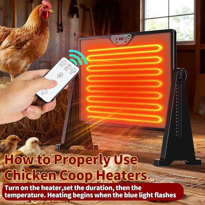 300W Chicken Coop Heater, Double Sided Heating with Adjustable Temperature Remote Control & Timer Function, Hanging Chicken Coop Heater for Winter Warmth, Includes Gloves and Chew-Proof Cord