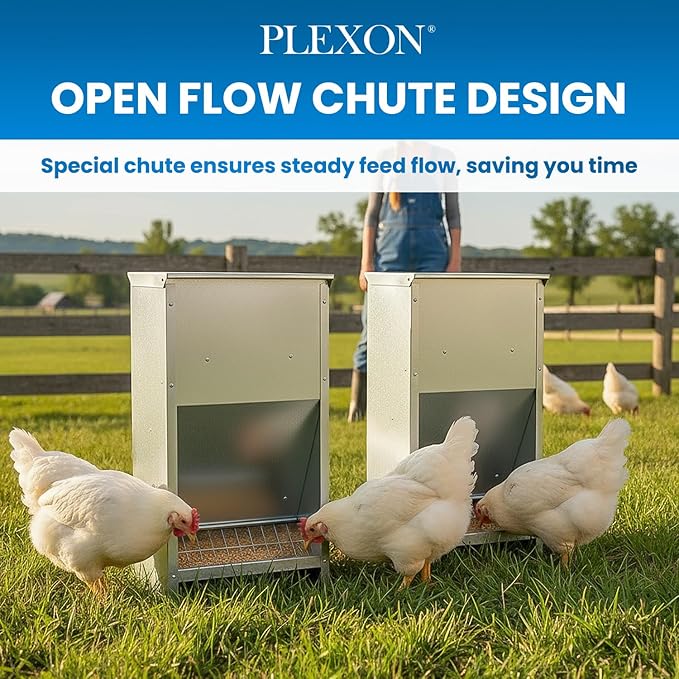 Plexon Steel Poultry Feeder 25lb Capacity – Galvanized Metal Chicken Feeder Turkey Duck Feed Dispenser Wall Mountable Outdoor - Grid to Reduce Waste, No Assembly