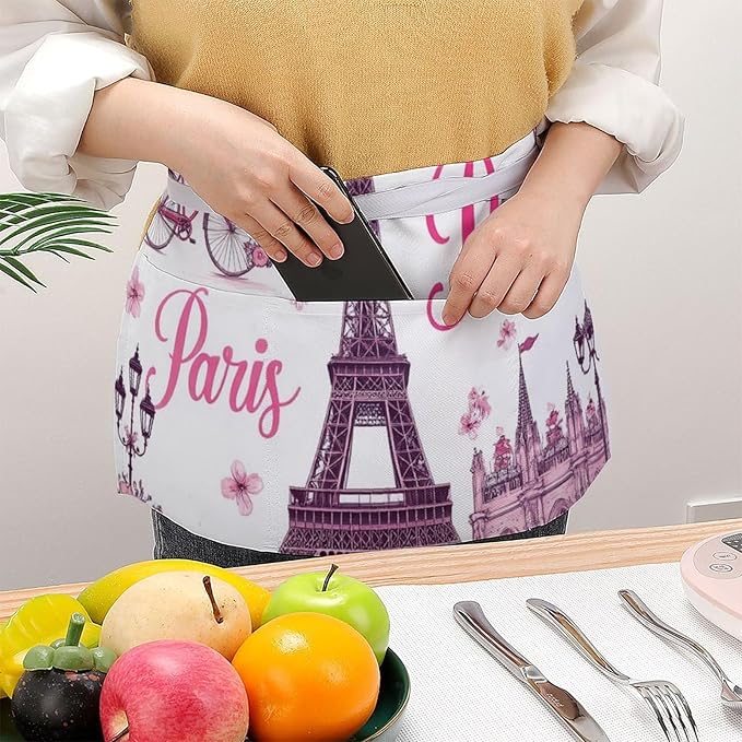 Unisex Apron for Cooking Server Waitress Half Waist Apron with 3 Pockets