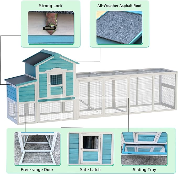 121" Large Chicken Coop with Nesting Box,Wooden Hen House W/Ramp & Sliding Trays,Waterproof Poultry Cage W/Sloped Asphalt Roof & Lockable Door,Poultry Cage for Small to Medium Pets,Blue