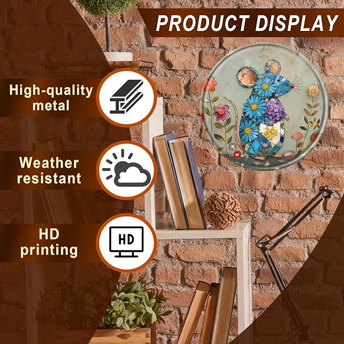Mouse Round Metal Tin Sign Wreath Farm Flowers Rustic Vintage Wall Art Decor for Garden Porch Yard Farmhouse Outdoor Decor 12x12inch